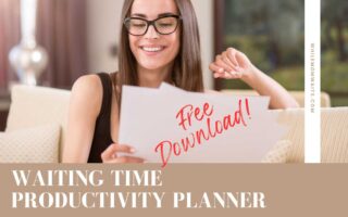 Photo of woman smiling and happily reviewing her Waiting Time Productivity Planner for busy moms. Time management tips for small spurts of time