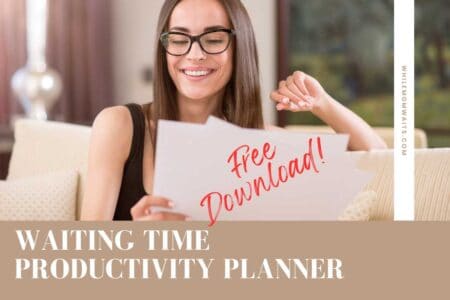 Photo of woman smiling and happily reviewing her Waiting Time Productivity Planner for busy moms. Time management tips for small spurts of time