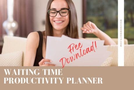 Photo of woman smiling and happily reviewing her Waiting Time Productivity Planner for busy moms. Time management tips for small spurts of time