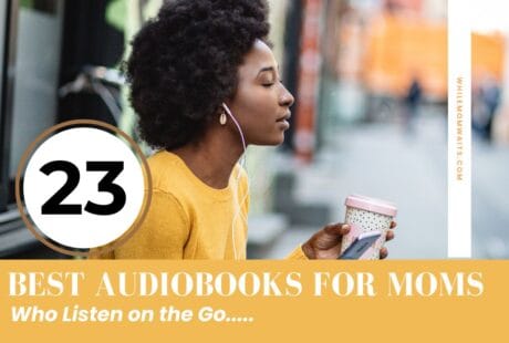 woman sitting and listening to a recommended audiobook. associated with a blog post with 23 best audiobooks for busy moms who listen on the go